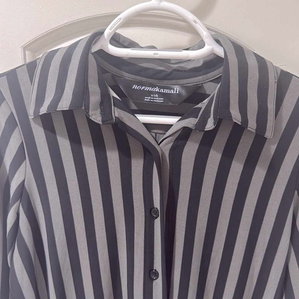 Norma Kamali Women’s Black and Gray Striped Button-Down Shirt Dress